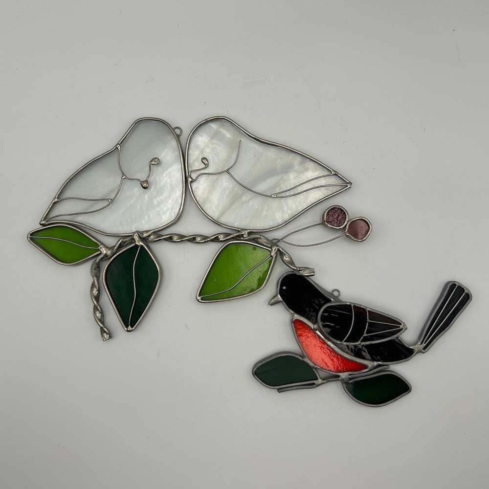 Vintage Stained Glass Bird Suncatcher Set Lovebirds and Robin Window Art Sun